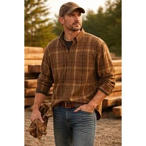 CE Schmidt Shirt Mens Brown Plaid Button Up‎ Flannel Outdoors Workwear Adult